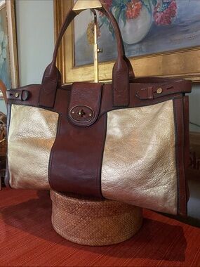 Fossil Vintage Office Satchel Tote Weekender in Cowhide and Gold Leather